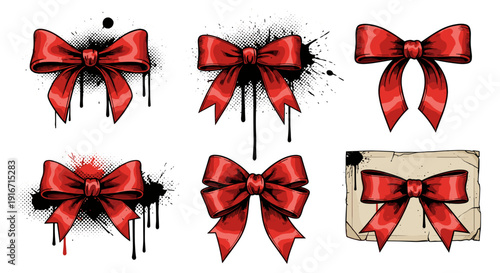 Collection of red satin bows with black ink splatters