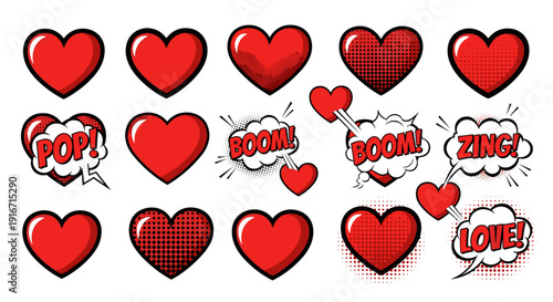Collection of comic style hearts with sound effect words and expressions