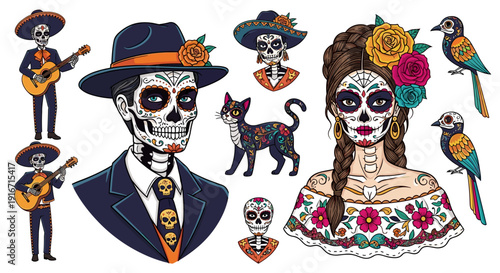 Colorful day of the dead celebration with decorated skulls and figures