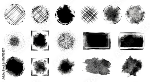 Collection of black ink splash and brush stroke textures