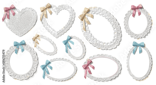 Set of decorative heart and wreath ornaments with bows for celebration