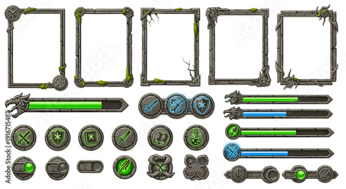 Set of vintage militarystyle metal frames with various accessories