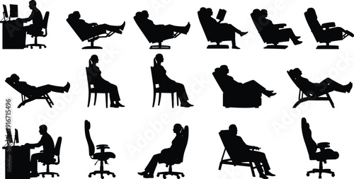 Seated male silhouettes collection, office chair people, relaxing working poses, black human figures set, isolated vector illustration pack design assets