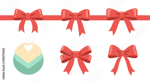 Set of decorative red bows and gift tags for holiday or celebration