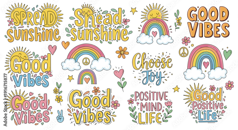 Obraz premium Collection of colorful positive quotes and rainbow illustrations