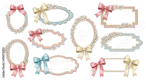 Collection of vintage decorative frames with bows in pastel colors