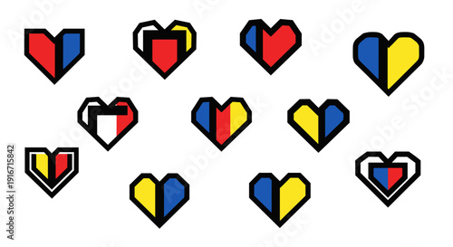 Collection of colorful heart icons with belgian flag colors on each