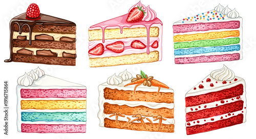 Collection of colorful layered cakes and slices with frosting and decorations