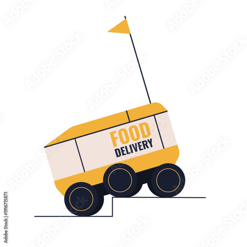 Autonomous food delivery rover climbing a step and overcoming urban obstacles. Minimal flat vector illustration of a robotic courier vehicle, logistics innovation and smart city technology.