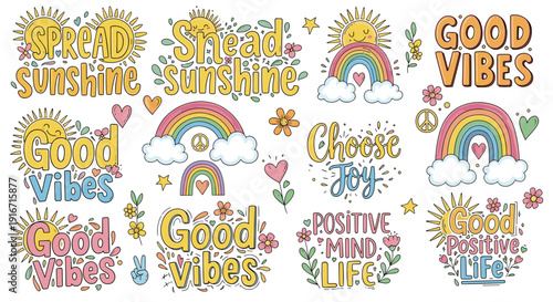Collection of colorful positive quotes and rainbow illustrations
