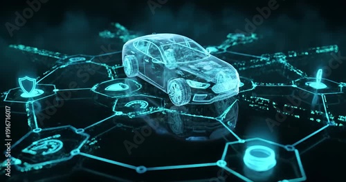 Futuristic Electric Car Hologram with Autonomous Technology Concept