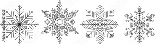 Decorative snowflake line art collection, winter holiday crystal ornaments, black outline vector illustration, christmas frost mandala design set