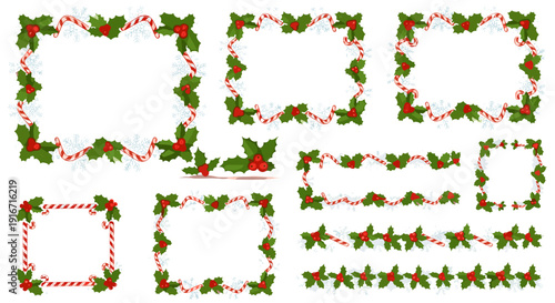 Set of decorative christmas frames and borders with holly berries