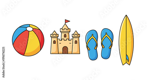Beach accessories including ball sandcastle flip flops and surfboard