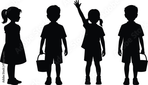 Set of black silhouettes featuring young children playing with buckets and waving hands isolated on white background for childhood education family and summer design.