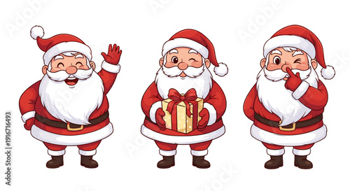 Three cheerful santa claus characters in festive costumes and hats