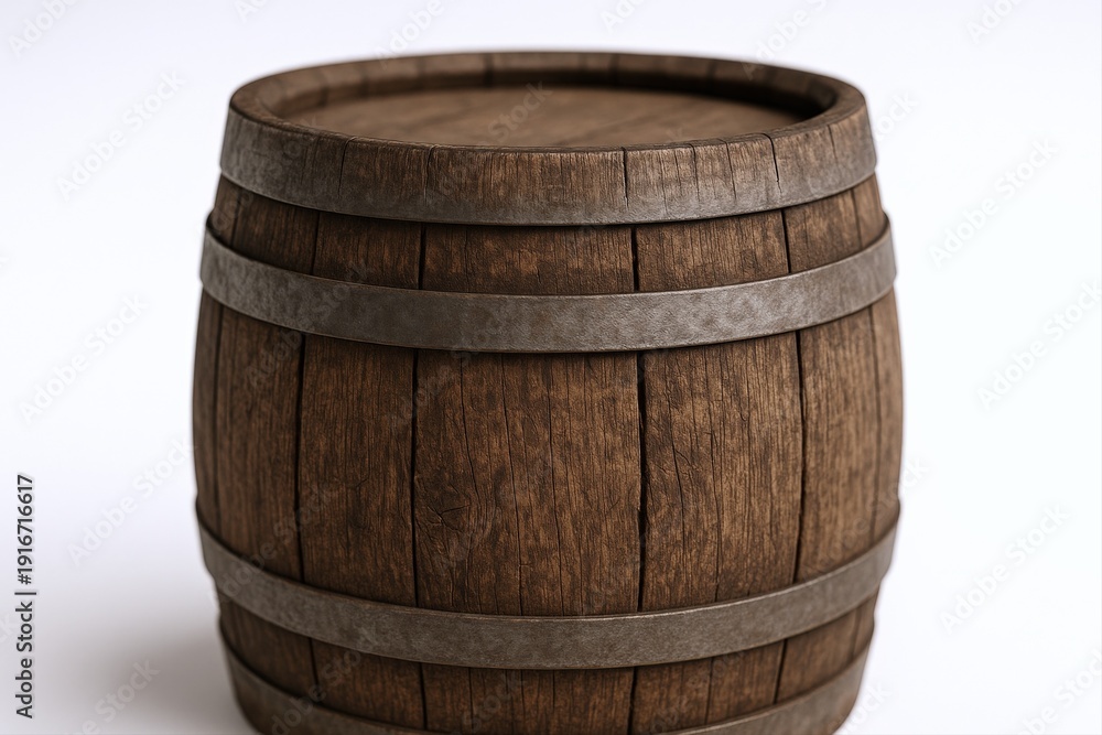 Fototapeta premium Wooden Barrel with Metal Hoops: Rustic Storage Container for Wine, Whiskey, or Rainwater Harvesting