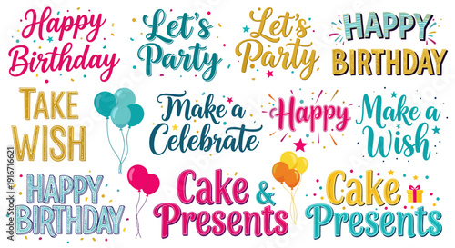 Colorful birthday celebration with balloons cake and presents