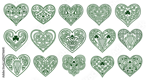 Set of decorative green heart icons with intricate patterns and designs