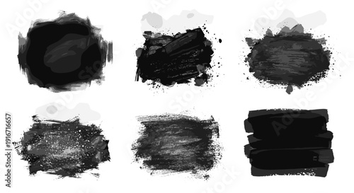 Set of six black watercolor brush strokes with textured effects
