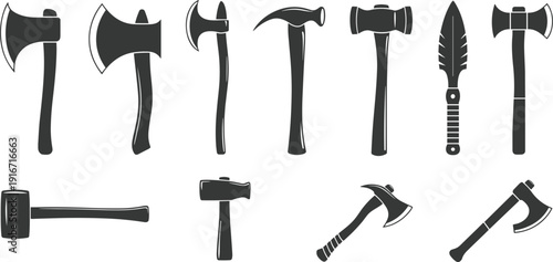 Set of black silhouette vector icons featuring various axes, hammers, mallets, and a spear isolated on white for construction, carpentry, and medieval weapon design.
