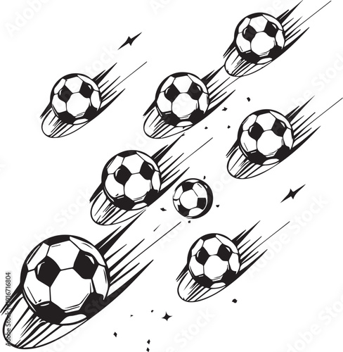 soccer balls vector illustration, flying footballs with speed motion lines for sports tournament and championship concept