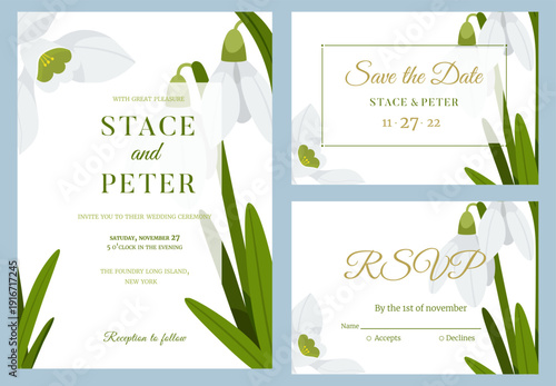 Wedding invitation cards template with snowdrop flowers design. Save the date, rsvp card with golden frame