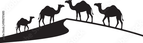 Black Silhouette of a Camel Caravan Walking Across Desert Sand Dunes