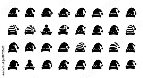 Collection of black santa hats in various styles and designs on white background for christmas and holiday themes