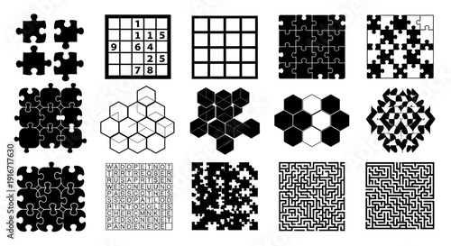 Collection of various puzzle pieces and mazes on white background for problem solving and brain teaser concepts
