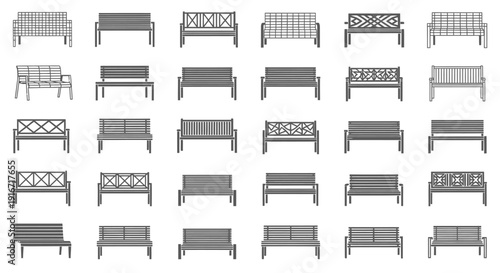 Collection of various black benches with different designs and patterns on a white background for furniture and decoration concepts