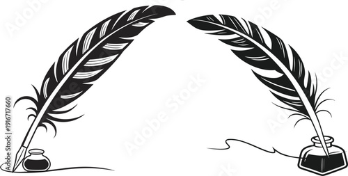 A classic quill pen and inkwell depicted in a simple black and white illustration