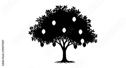 Black silhouette tree with oval fruits and lush leaves on white background symbolizing nature and abundance