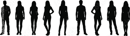 Diverse group of young men and women silhouettes standing in various poses wearing casual clothing, minimalist flat vector illustration