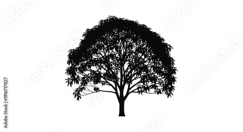 Silhouette of a large tree with lush foliage on a white background symbolizing nature and serenity
