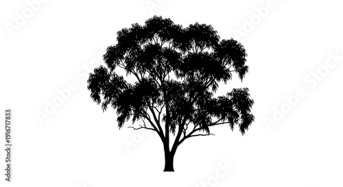 Silhouette of a large tree with dense foliage against a white background symbolizing nature and serenity