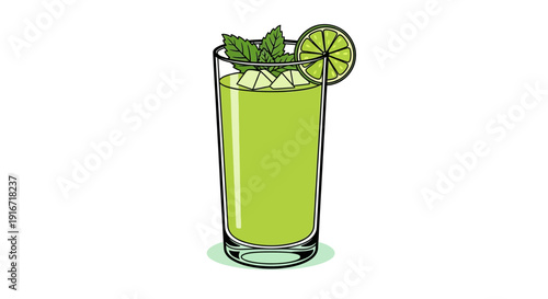 A refreshing green cocktail with lime and mint in a tall glass viewed from the side