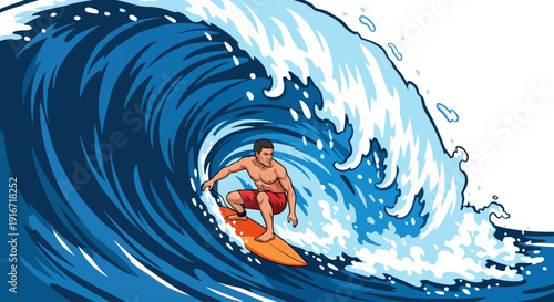 Surfer riding a massive ocean wave with a dynamic splash, captured from a side viewpoint, referencing image(2059).ai