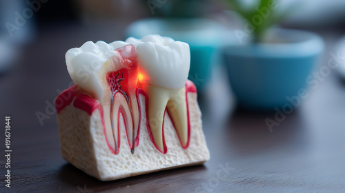 Anatomical illustration of impacted wisdom tooth, dental model showing molar impaction and gum inflammation, oral health visualization, tooth eruption problem, with copy space