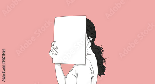 Woman holding a blank sign from behind, illustrated in a simple style with long hair