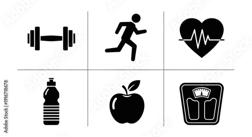 Fitness icons representing exercise, health, and wellness in a simple graphic layout