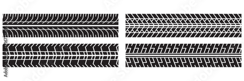 Black Grunge Tire Track Vector Set – Car and Motorcycle Wheel Tread Texture, Off Road Auto Tyre Print Patterns 
Isolated on White Background