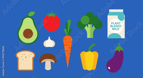 Assorted vegetables and fruits arranged alongside plant-based milk and bread on a blue background from a top-down viewpoint
