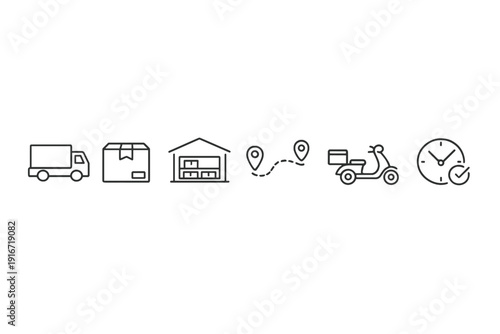Minimal line icons illustrating delivery logistics workflow with truck, package, warehouse, location tracking, courier scooter, and time schedule management