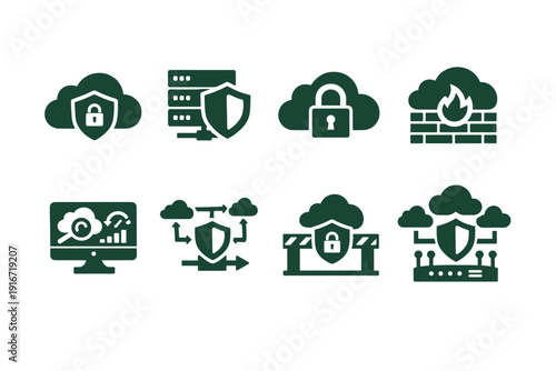 Set of cybersecurity and cloud security icons showing locked cloud, server shield, firewall wall, monitoring dashboard, and protected network infrastructure