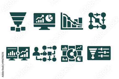 Set of data analytics and business intelligence icons showing funnel, dashboard charts, downward trend graph, workflow diagram, and filter controls