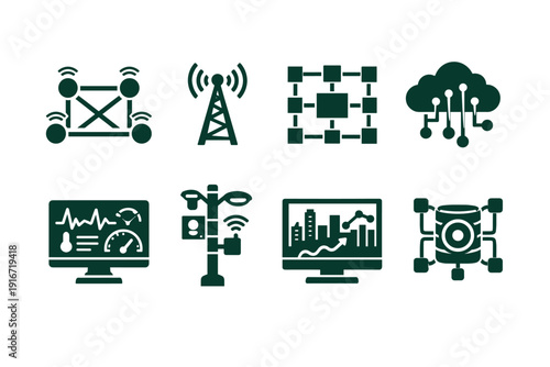 Set of green networking and IoT technology icons featuring wireless tower, cloud computing, connected nodes, data analytics monitors, and sensors
