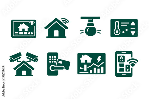 Set of smart home automation icons featuring security cameras, door access control, lighting, thermostat, energy monitoring, and mobile app connectivity