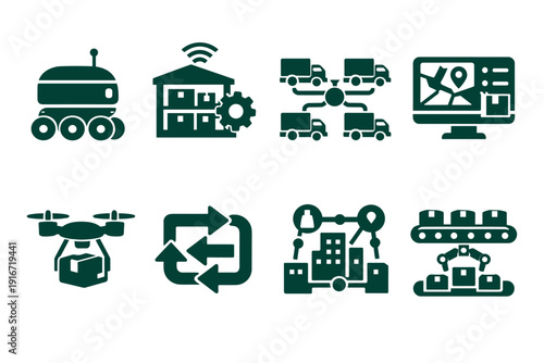 Smart logistics and automation icons showing warehouse management, connected transport fleet, delivery drone, tracking dashboard, and robotic production