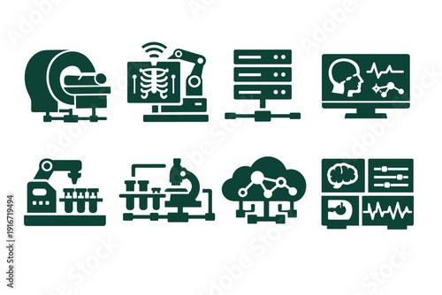 Set of AI and robotics technology icons showing automation, server infrastructure, cloud computing, medical analytics, and industrial manufacturing systems